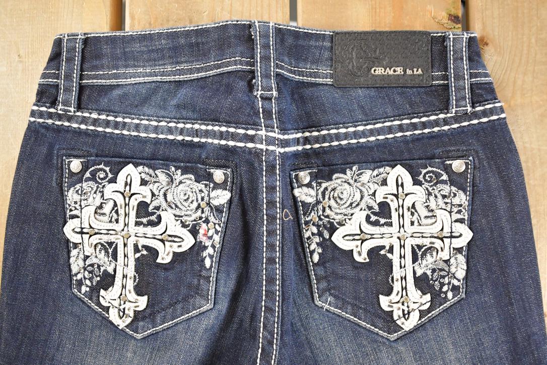 Vintage Deadstock Y2K Grace In LA Bedazzled Bootcut Low Rise Jeans Women's Size 26 x 32