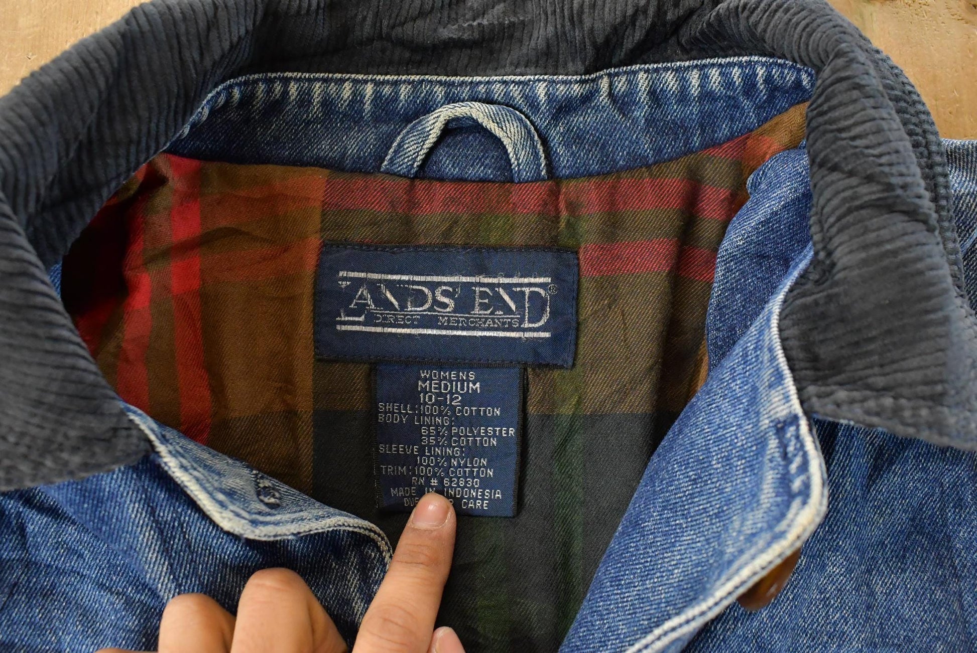 Vintage 1990s Lands End Plaid Lined Denim Chore Barn Coat Women's Medium