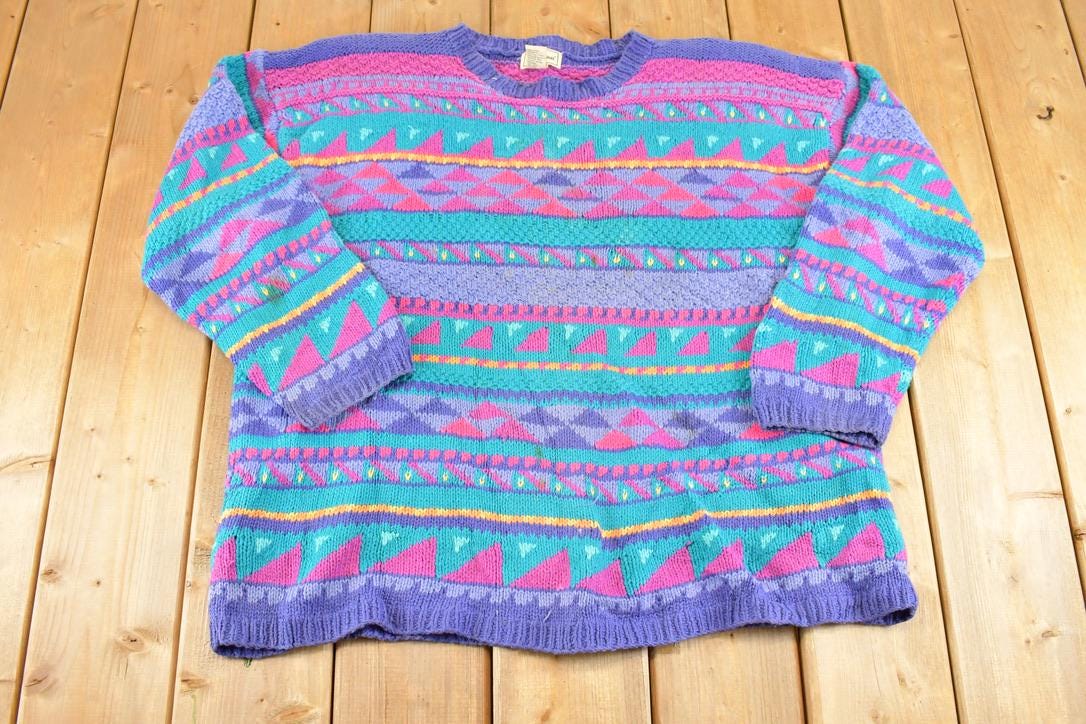 Vintage 1990s LL Bean Chunky Knit Crewneck Sweater Women's XL / 90's Abstract Pattern 3D Knitted Sweatshirt