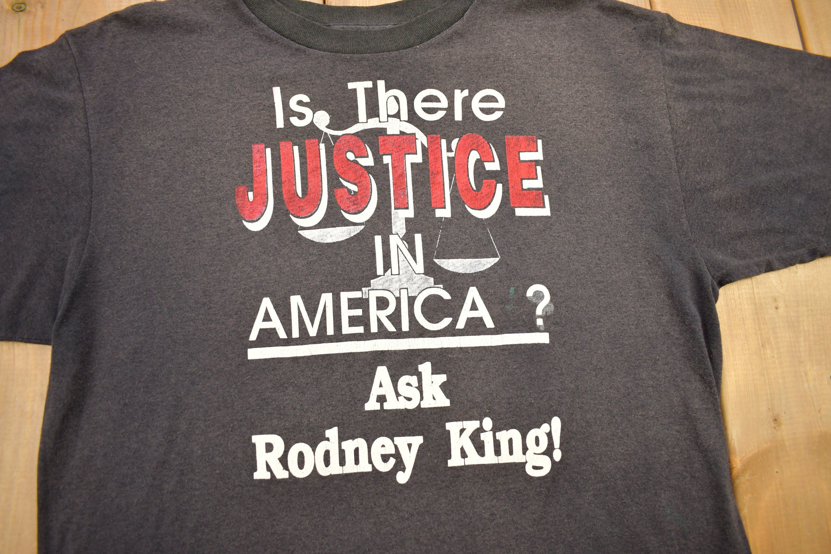Vintage 1990s Rodney King Justice Theme Graphic 3D Emblem T-Shirt