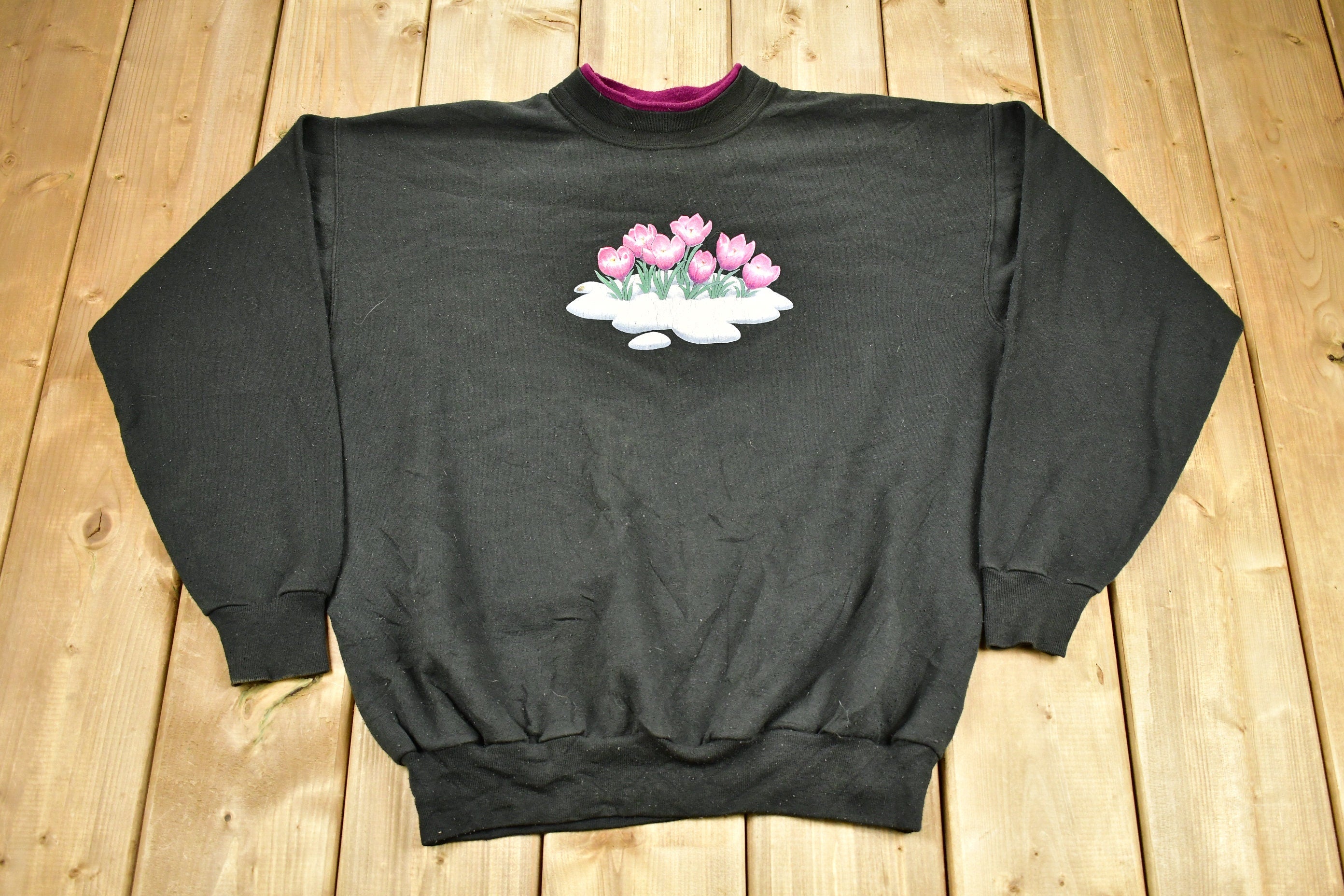 Vintage 1990s Tulip Flower Graphic Cute Morning Sun Crewneck Sweater