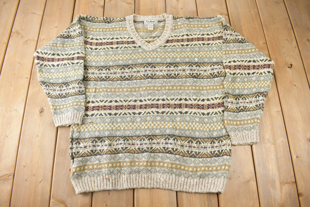 Vintage 1990s LL Bean Striped V Neck Knit Sweater Made In Ireland Size L