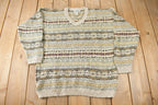 Vintage 1990s LL Bean Striped V Neck Knit Sweater Made In Ireland Size L