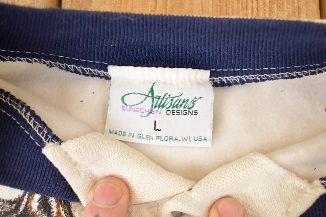 Vintage 1990s Artisans Large Wolf Graphic Print Button Up AOP Crewneck Sweatshirt Mens L / Made In USA / 90's Destination Sweater