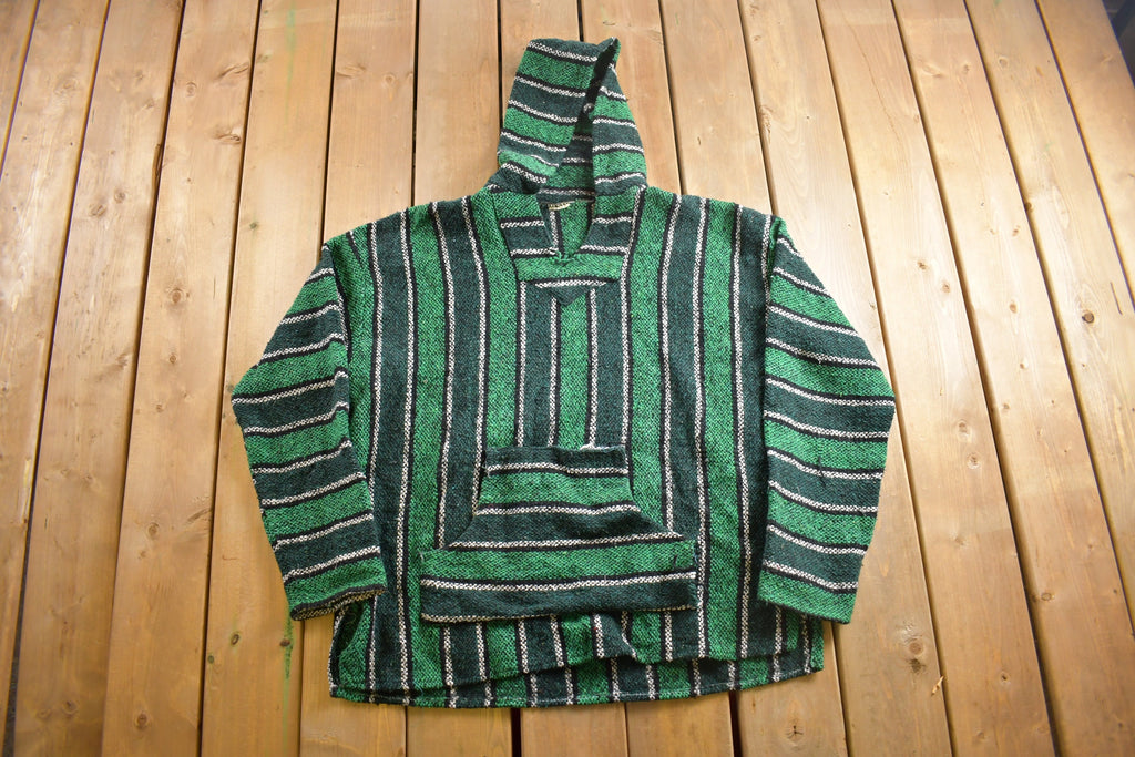 Vintage 1990s Baja Hooded Pullover Striped Knit Poncho Blanket Hoodie