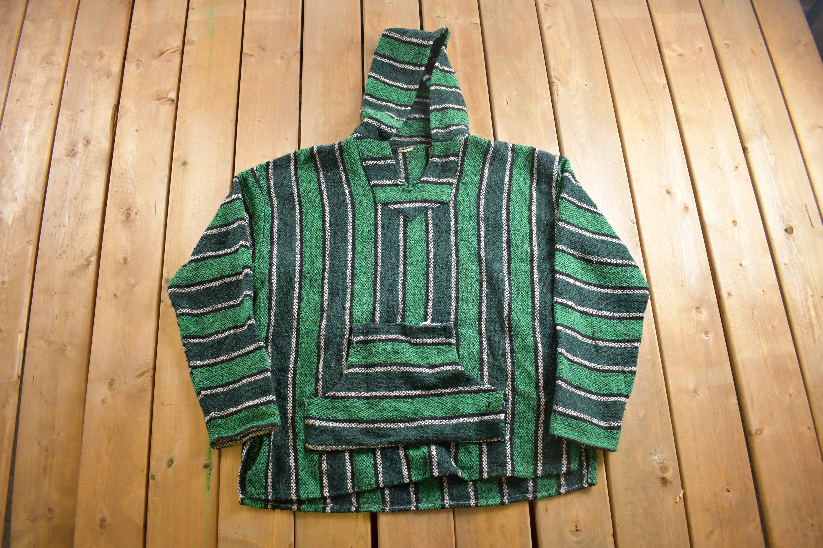 Vintage 1990s Baja Hooded Pullover Striped Knit Poncho Blanket Hoodie