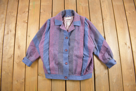 Vintage 1960s Simon Pearce Striped Wool Jacket / Button Up / Color Block / Made in USA / Purple Pink Blue / 60s