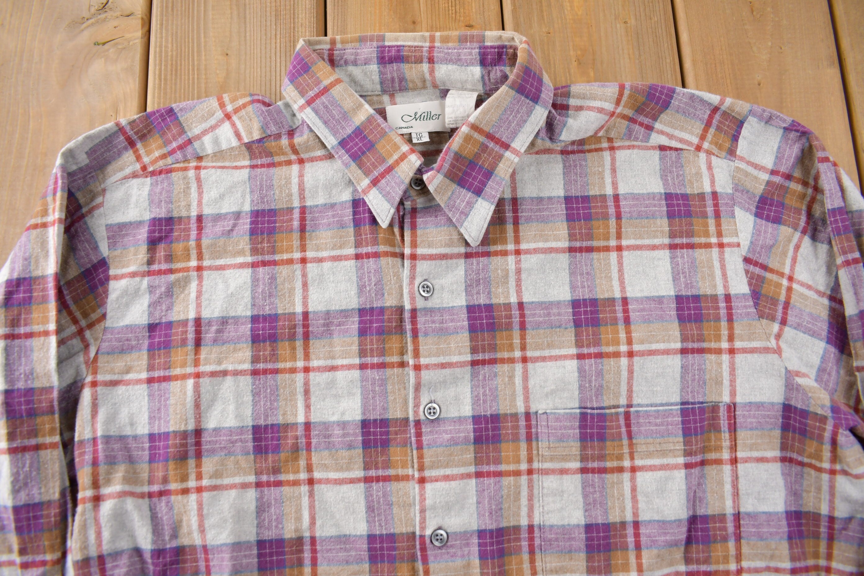 Vintage 1990s Miller Plaid Button Up Flannel Shirt Made In Canada Size XL