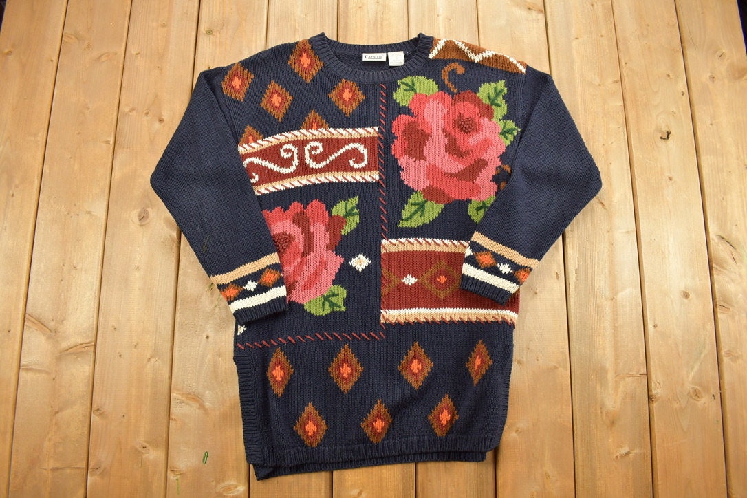 Vintage 1990s Patchwork Floral Knit Sweater / Vintage 90s Crewneck / Floral Abstract Pattern Print / Outdoors / Grandma / Vintage Cardigan