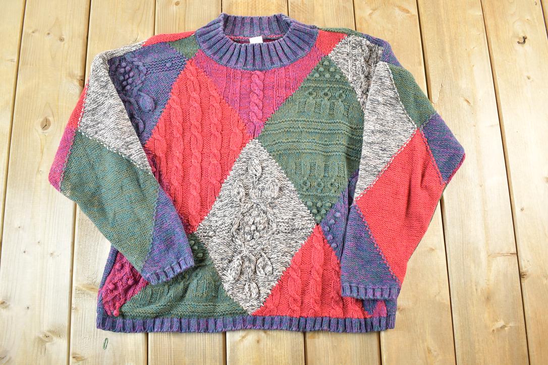 Vintage 1990s Knitted By Hand Cable Knit Abstract Pattern Crewneck Sweater Mens M / 90s Crewneck / Preppy Knits / Wool Blend / Cotton Blend