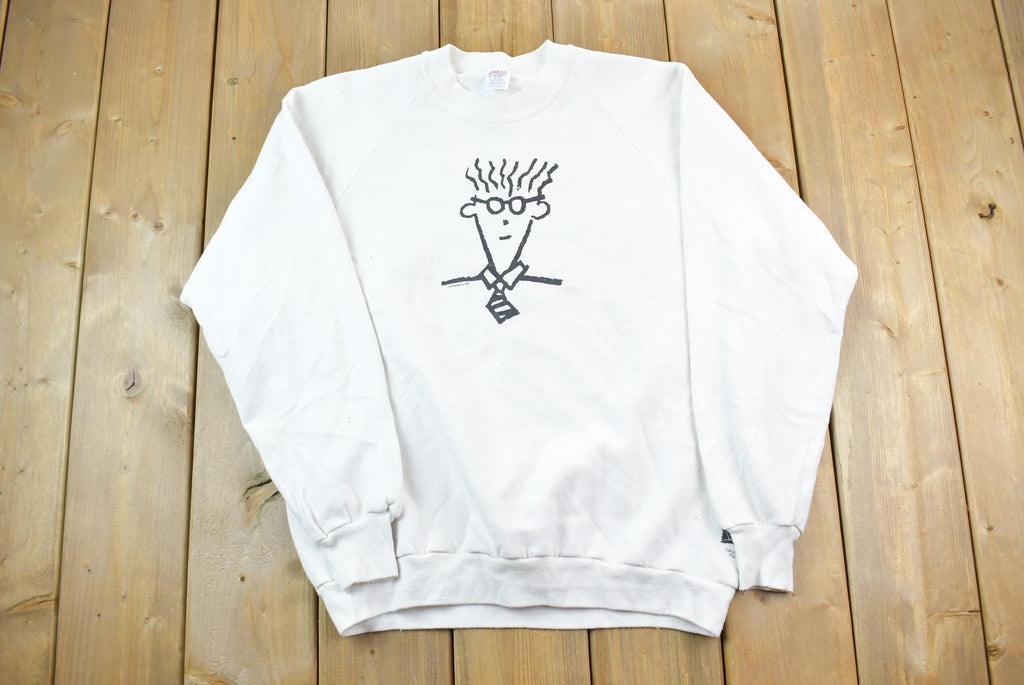 Vintage 1986 Squiggle Hair Guy Story Print Crewneck Sweatshirt