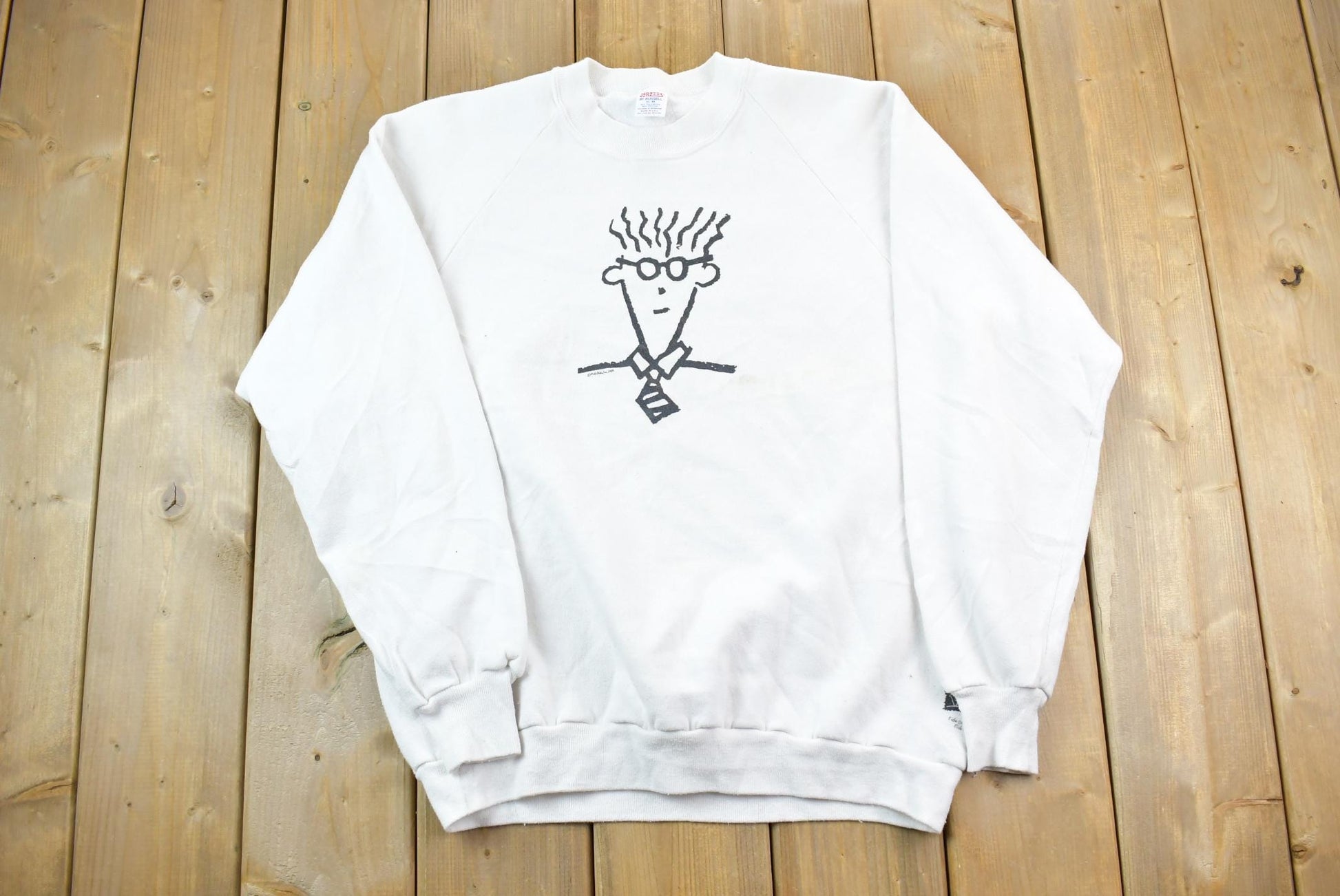 Vintage 1986 Squiggle Hair Guy Story Print Crewneck Sweatshirt / 80s Crewneck / Made In USA / Streetwear / Jerzeez By Russel