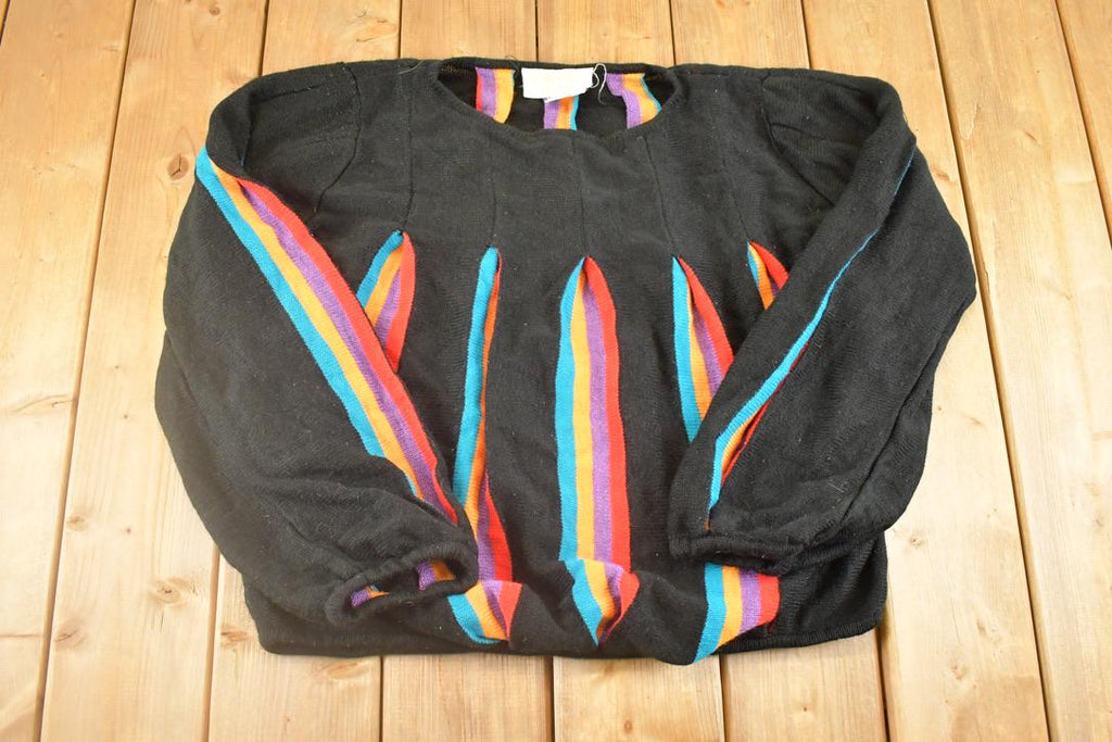 Vintage 1990s Lilly Of California Hand Loomed Knit Crewneck Sweater Women's S Cropped / Abstract Pattern 3D Knitted Sweatshirt