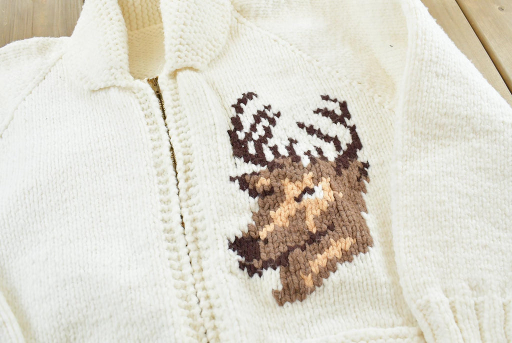 Vintage 1960s Cowichan Shawl Collar Knit Deer Sweater Men's XL