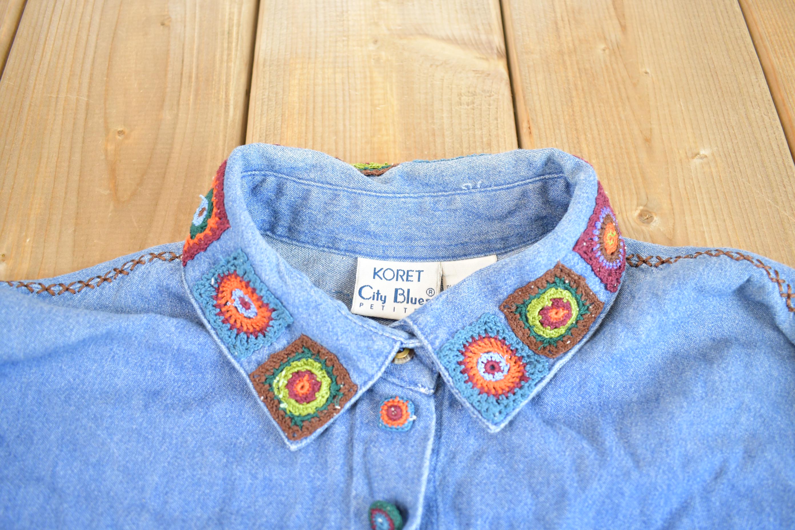Vintage 1990s KORET City Blues Petites Embroidered Jean Garden Long Sleeve Shirt