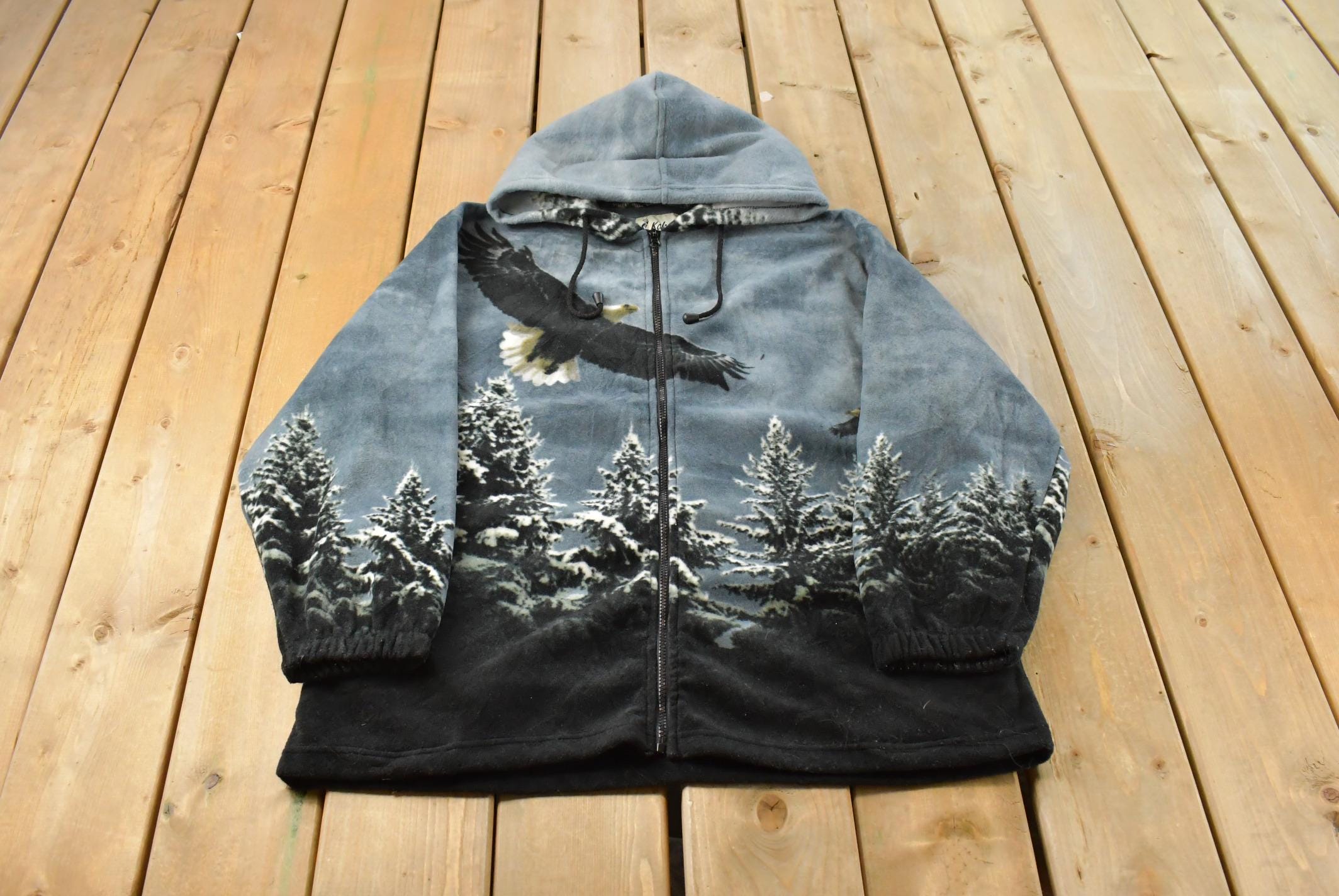 Vintage 1990s Kokopelli American Bald Eagle Fleece Sweater Jacker Men's XL / Outdoors / 90s Sweater / Fleece Zip up / All Over Print