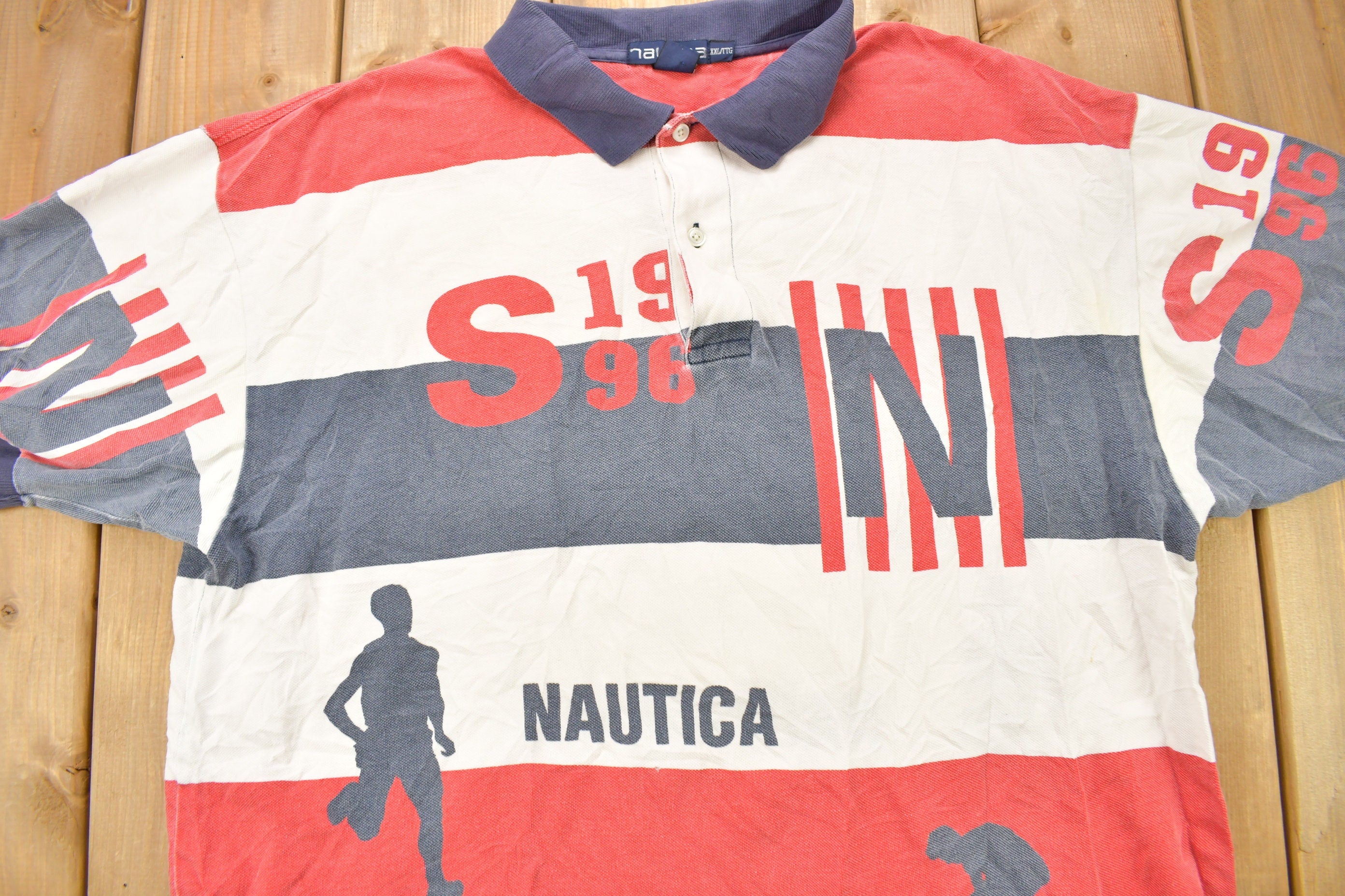 Vintage 1990s Nautica Olympic Games Color Block Polo Shirt / All Over Print / Streetwear / Vintage Nautica / Golf Shirt / Vintage Nautica