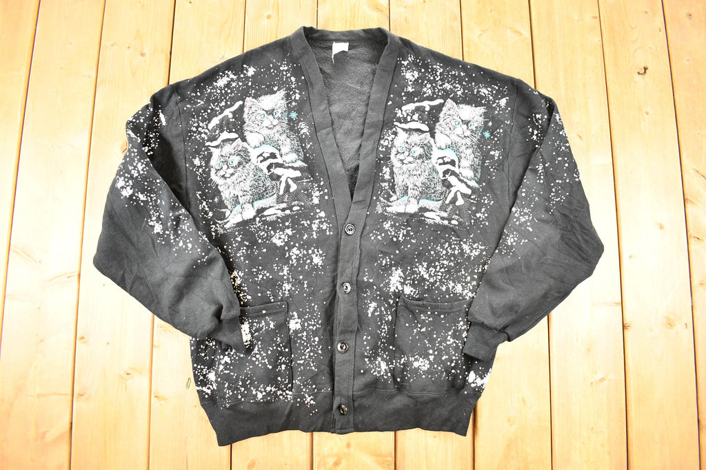 Vintage 1990s Winter Kitten AOP Cardigan Sweatshirt Women's XL