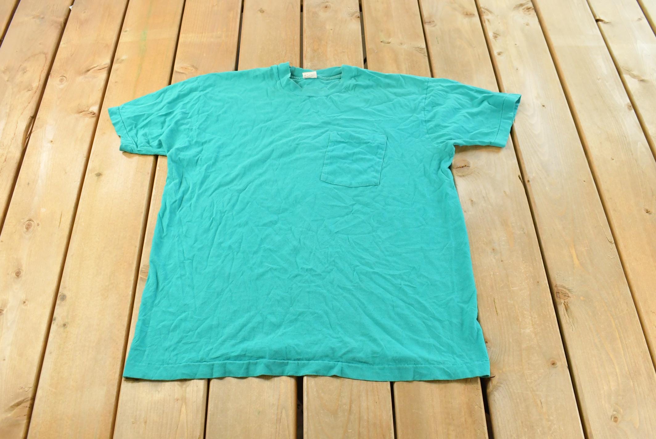Vintage 1990s Fruit of the Loom Blank Teal Pocket T-Shirt Men's L