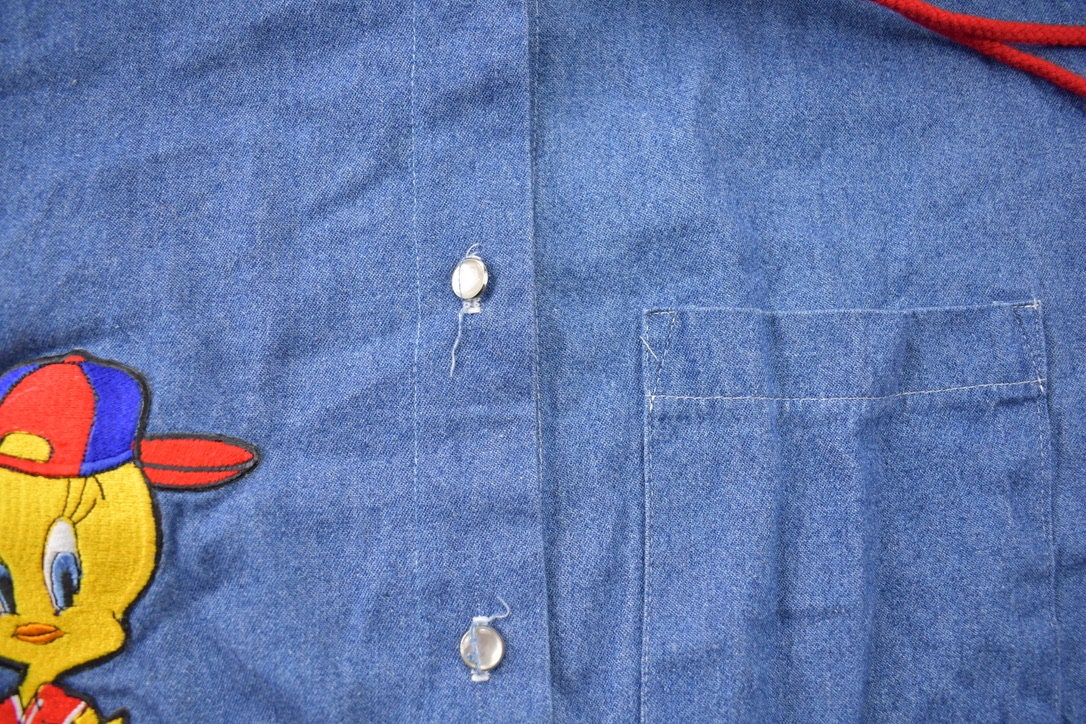Vintage 1990s Tweety Bird Denim Button Up Hooded Shirt  90s Button Up  Looney Tunes  Denim  Button Down