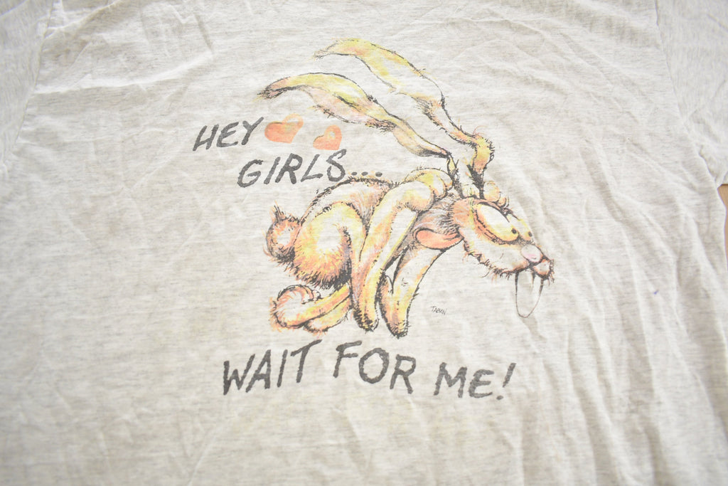 Vintage 1990s Hey Girls! Wait For Me Crazy Rabbit Single Stitch Distressed Graphic T Shirt