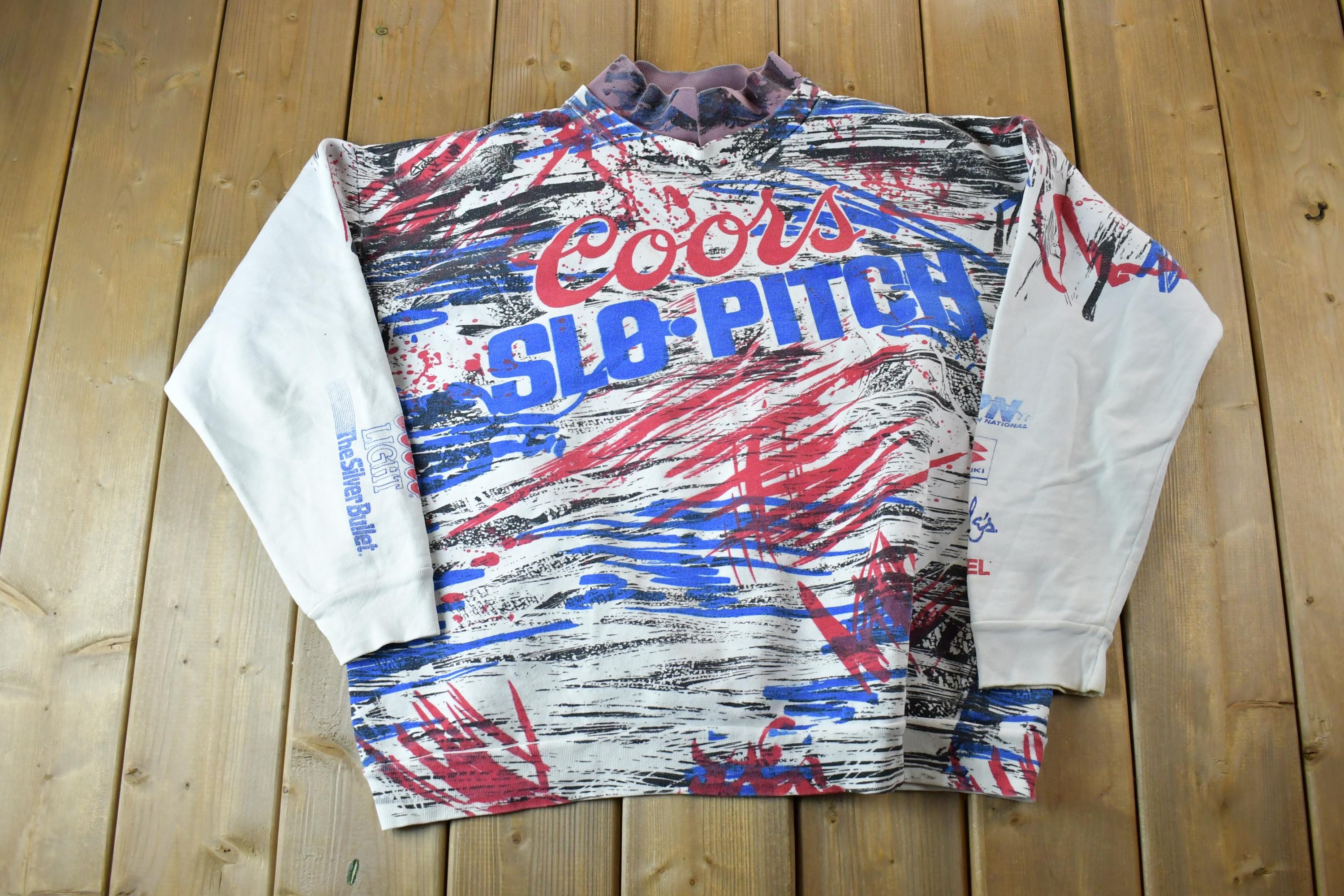 Vintage 1990s Coors Slo Pitch Collared All Over Print Crewneck Sweatshirt