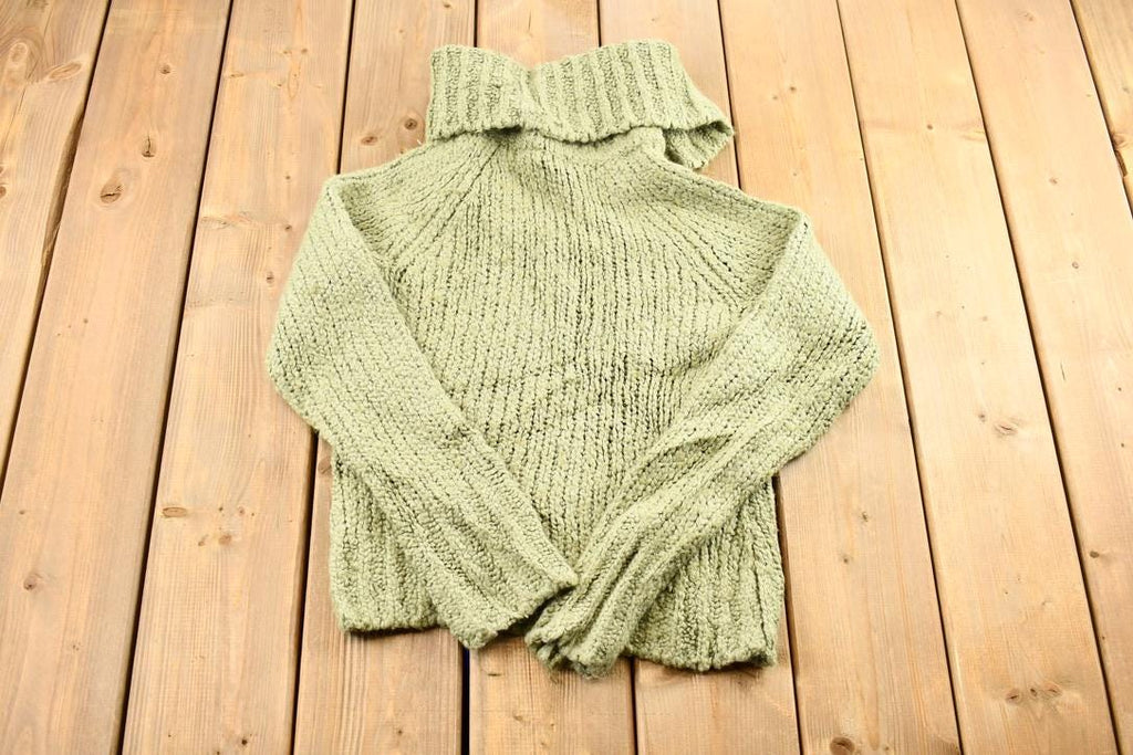 Vintage 1990s Women's Sage Green Kenzie Button Detail Ribbed Chunky Knit Mock Neck Sweater