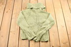 Vintage 1990s Women's Sage Green Kenzie Button Detail Ribbed Chunky Knit Mock Neck Sweater