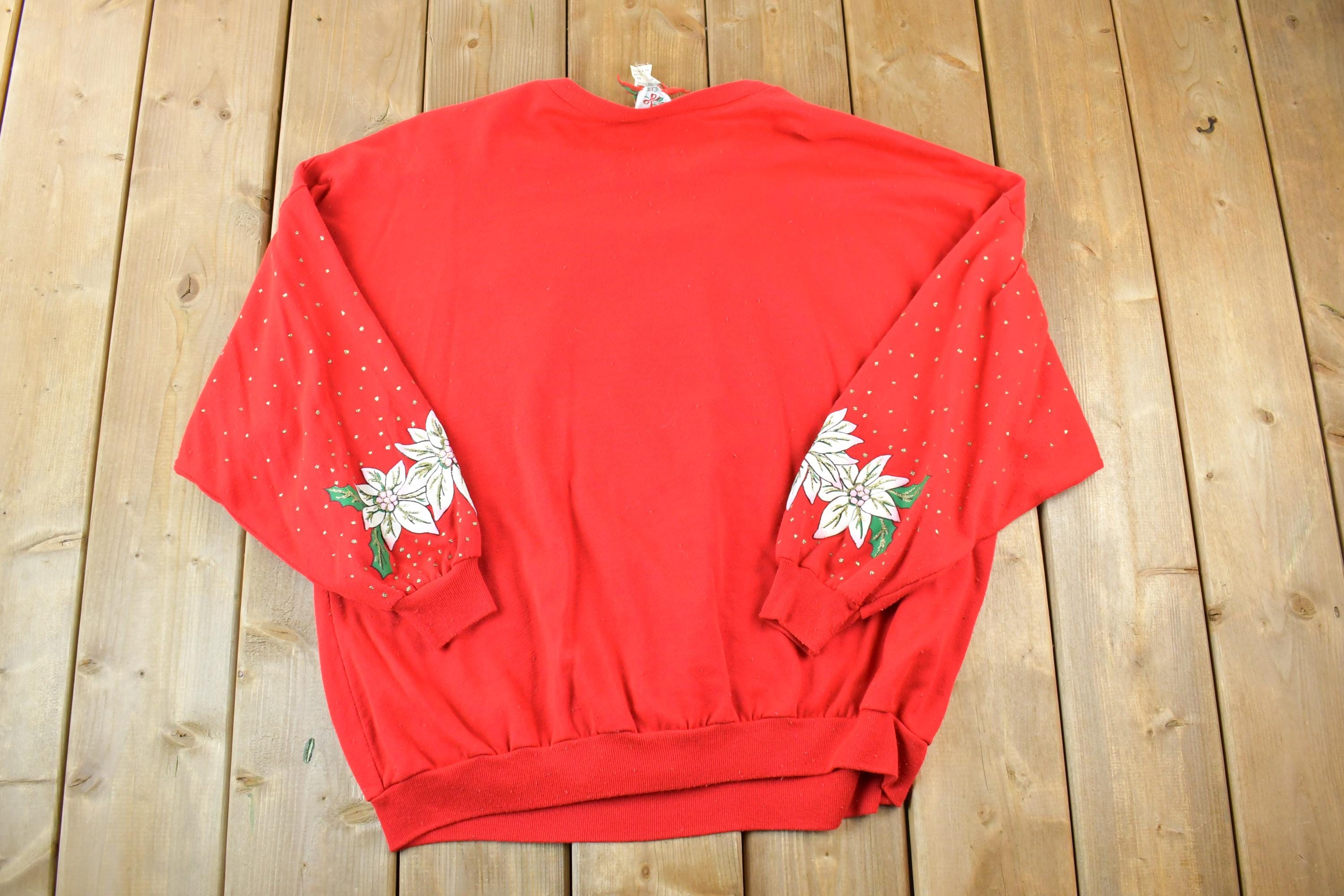 Vintage 1990s Poinsettia AOP Cute Crewneck Christmas Sweater
