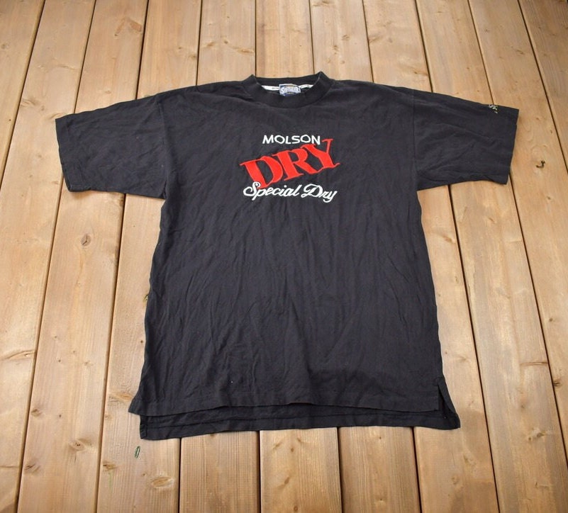 Vintage 1990s Molson Dry Embroidered Graphic T Shirt Made In Canada