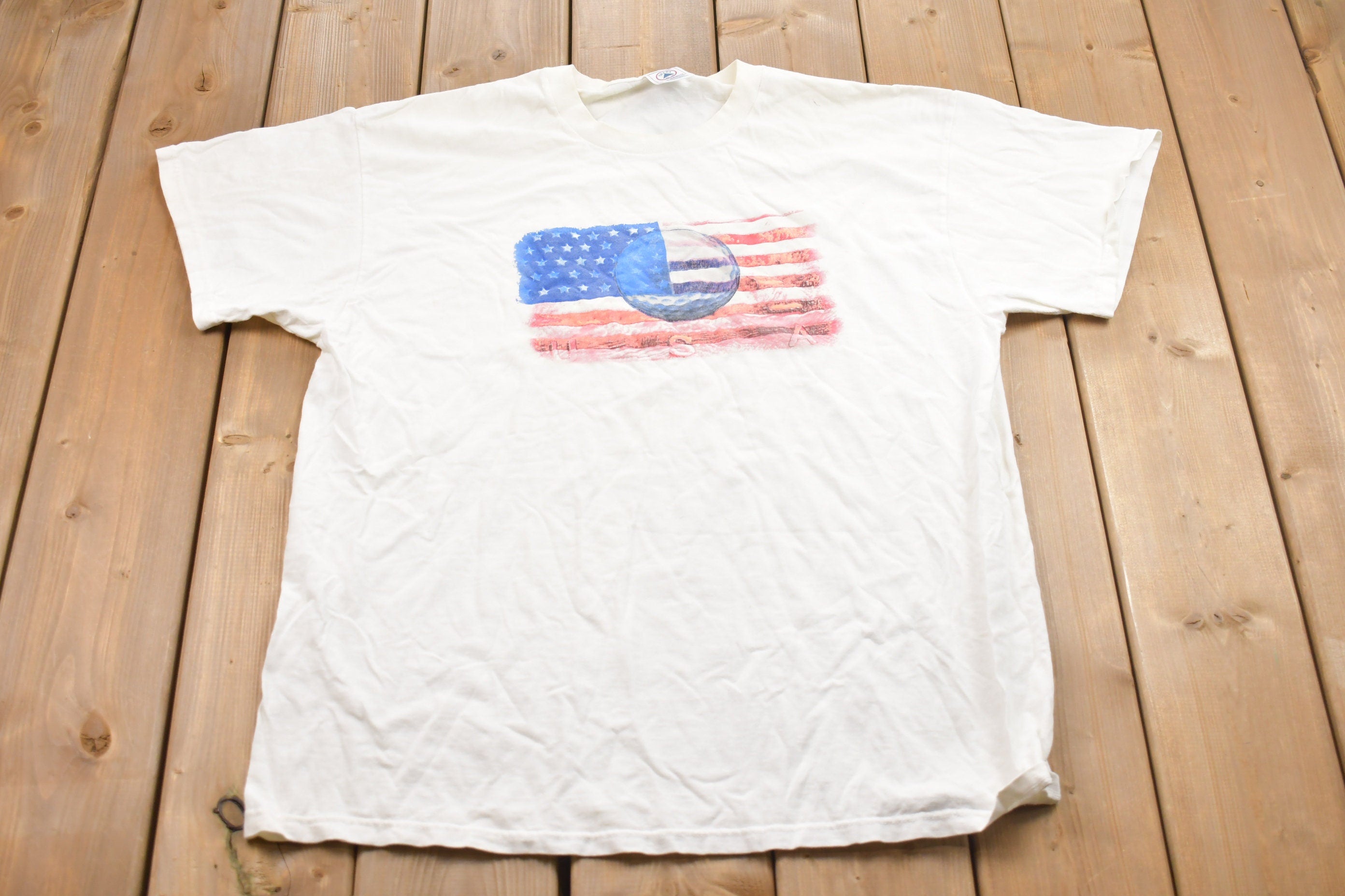 Vintage 1990s American Flag Golf Graphic T-Shirt