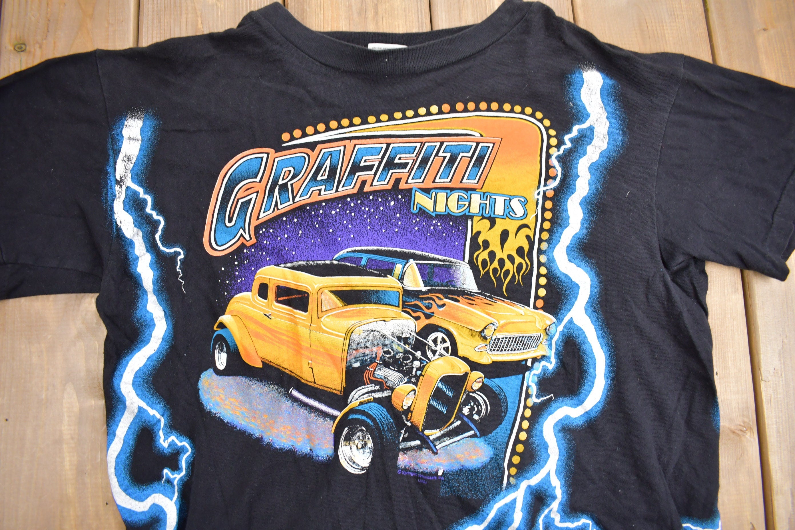 Vintage 1990s American Spirit Graffiti Nights Classic Cars & Lightning Graphic T Shirt