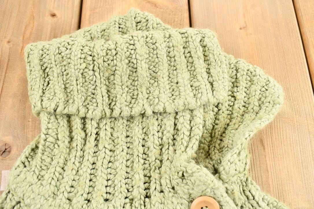 Vintage 1990s Women's Sage Green Kenzie Button Detail Ribbed Chunky Knit Mock Neck Sweater