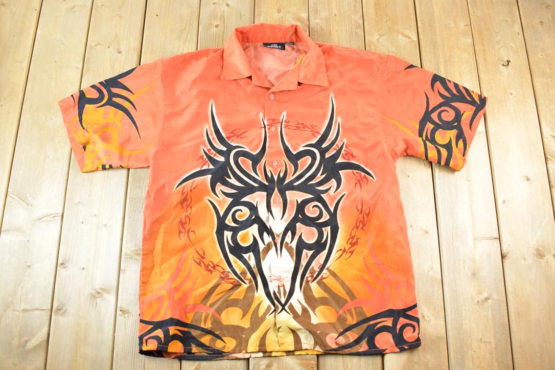 Vintage Y2K Dragon City Graphic Button-Up Shirt Mens M
