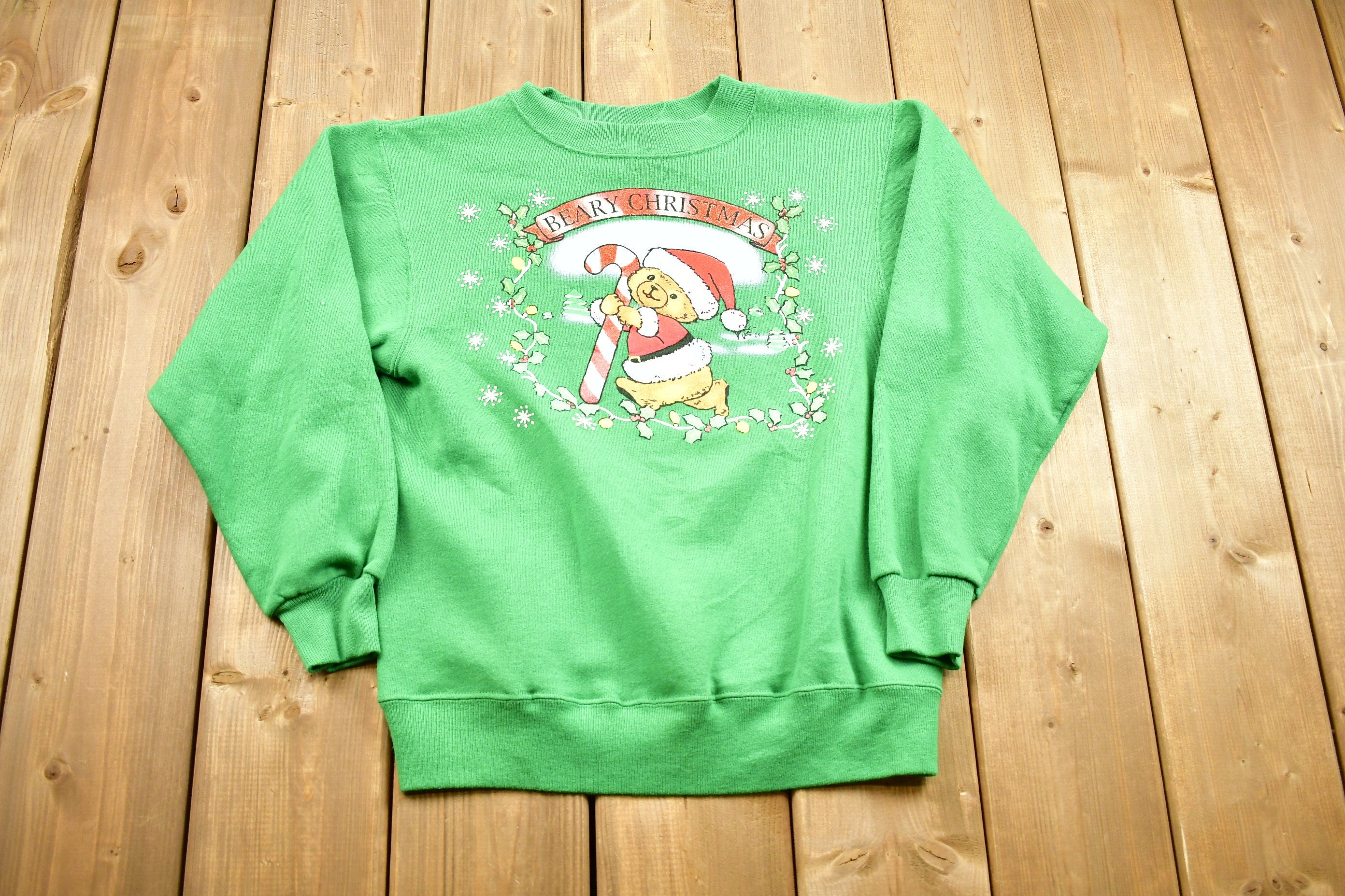 Vintage 1990s Beary Christmas Graphic Crewneck Sweater , 90s Holiday Crewneck , Winter Wear , Festive Graphic , Candy Cane , Teddy Bear