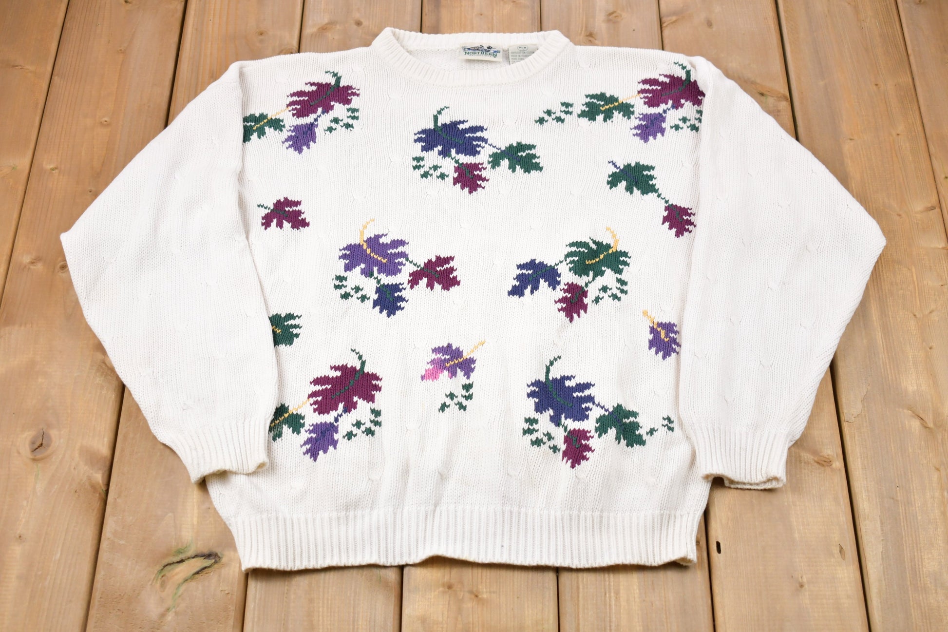 Vintage 1980s Northern Reflections Floral Print Knitted Sweater / Vintage 80s Crewneck / Pattern Sweater / Hand Knit / Pullover Sweatshirt