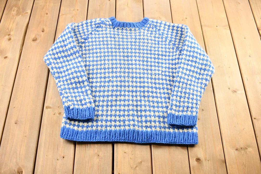 Vintage 1990s White and Blue Wool Knit Sweater
