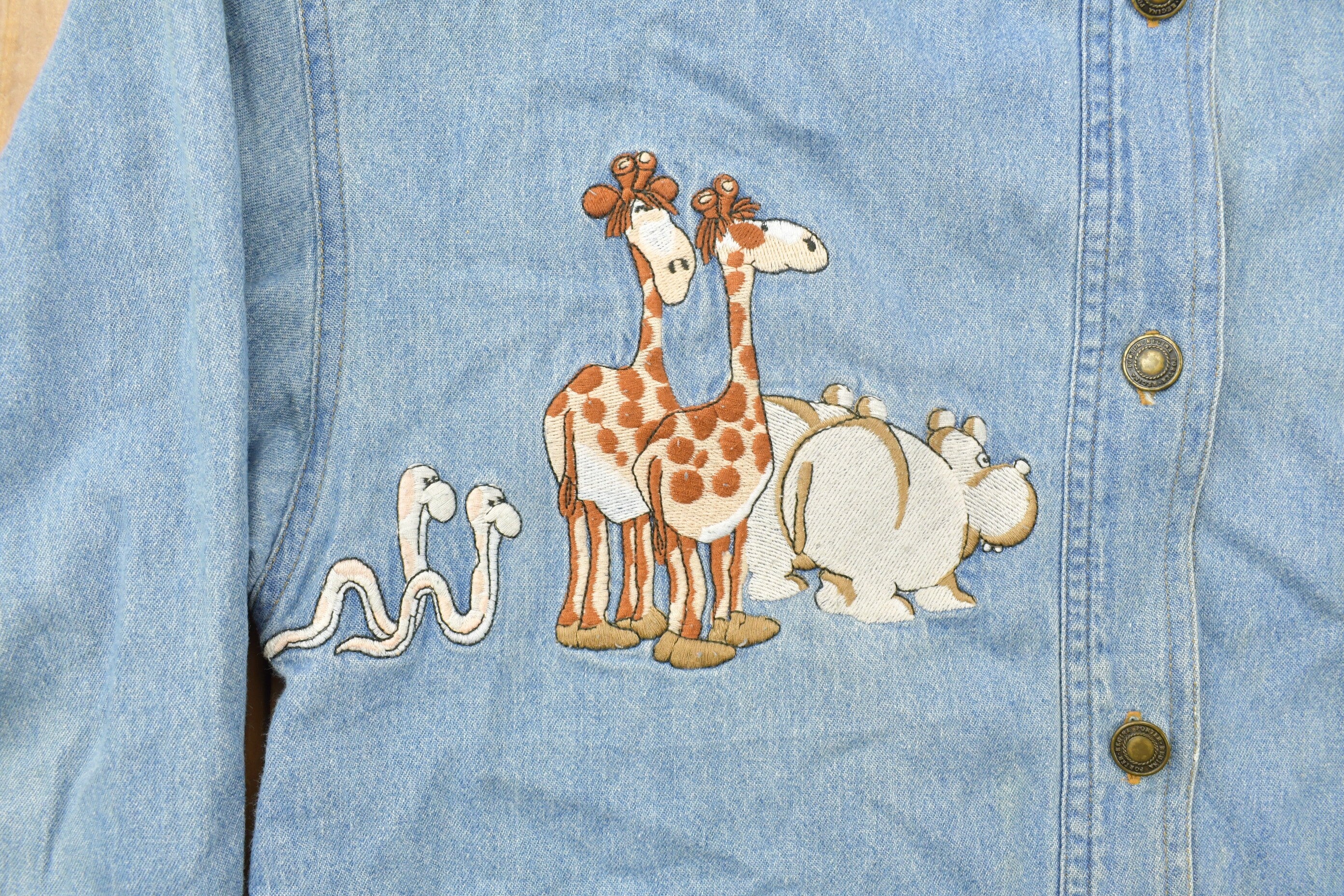 Vintage 1990s Noahs Ark Embroidered Button Up Denim Shirt
