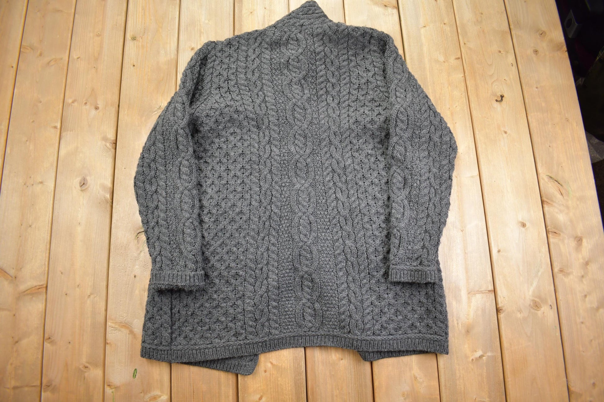 Vintage 1990s Aran Crafts 100% Wool Cable Knit Shawl Collar Long Cardigan Sweater - Made in Ireland