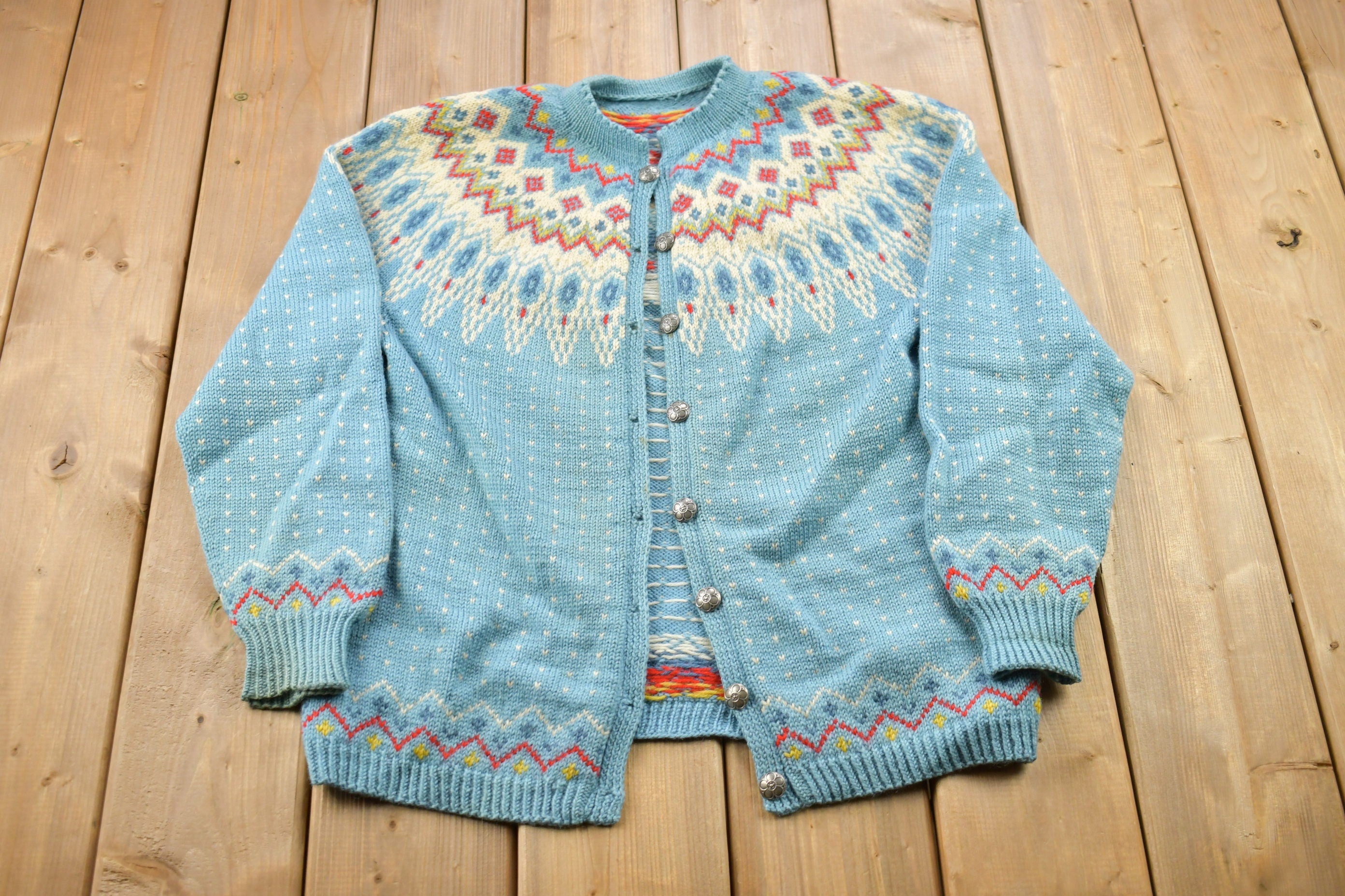 Vintage 1980s Nordic All Over Print Knitted Cardigan Sweater