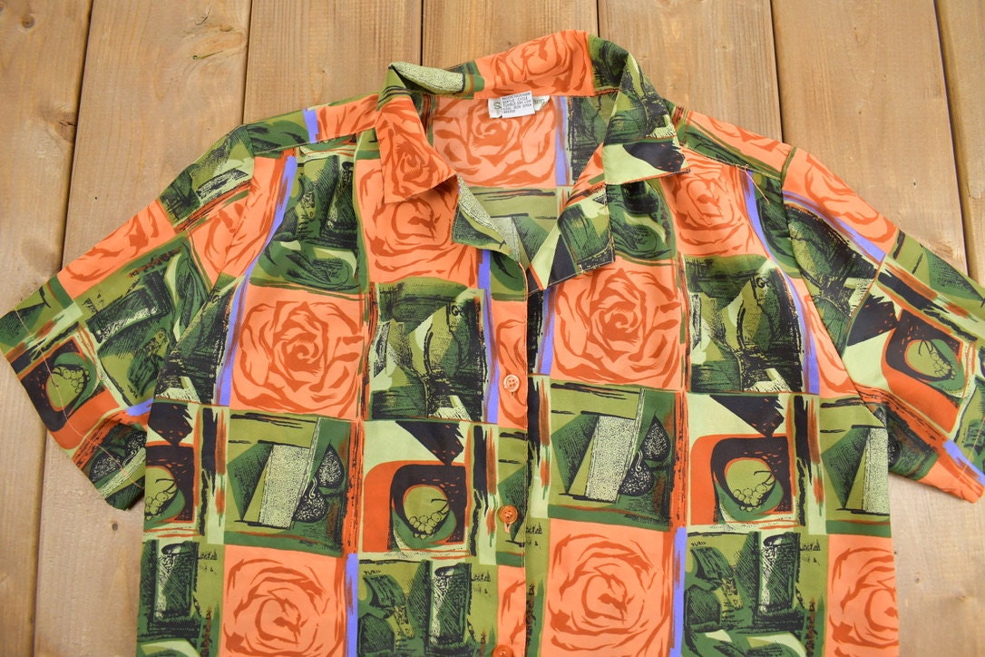 Vintage 1990s Abstract Floral Button Up Short Sleeve Shirt