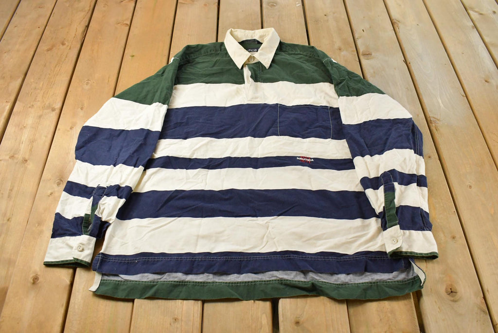 Vintage 1990s Nautica Striped Rugby Long Sleeve Polo Shirt Men's XL / Sailing Nautical / Athleisure / Streetwear / Preppy / Streetstyle