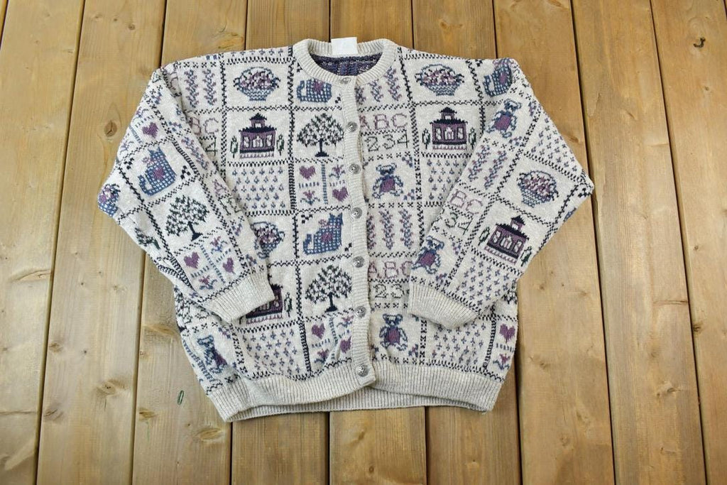 Vintage 1990s Premier Knitwear School Theme Button Up Cable Knit Sweater
