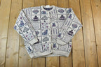 Vintage 1990s Premier Knitwear School Theme Button Up Cable Knit Sweater