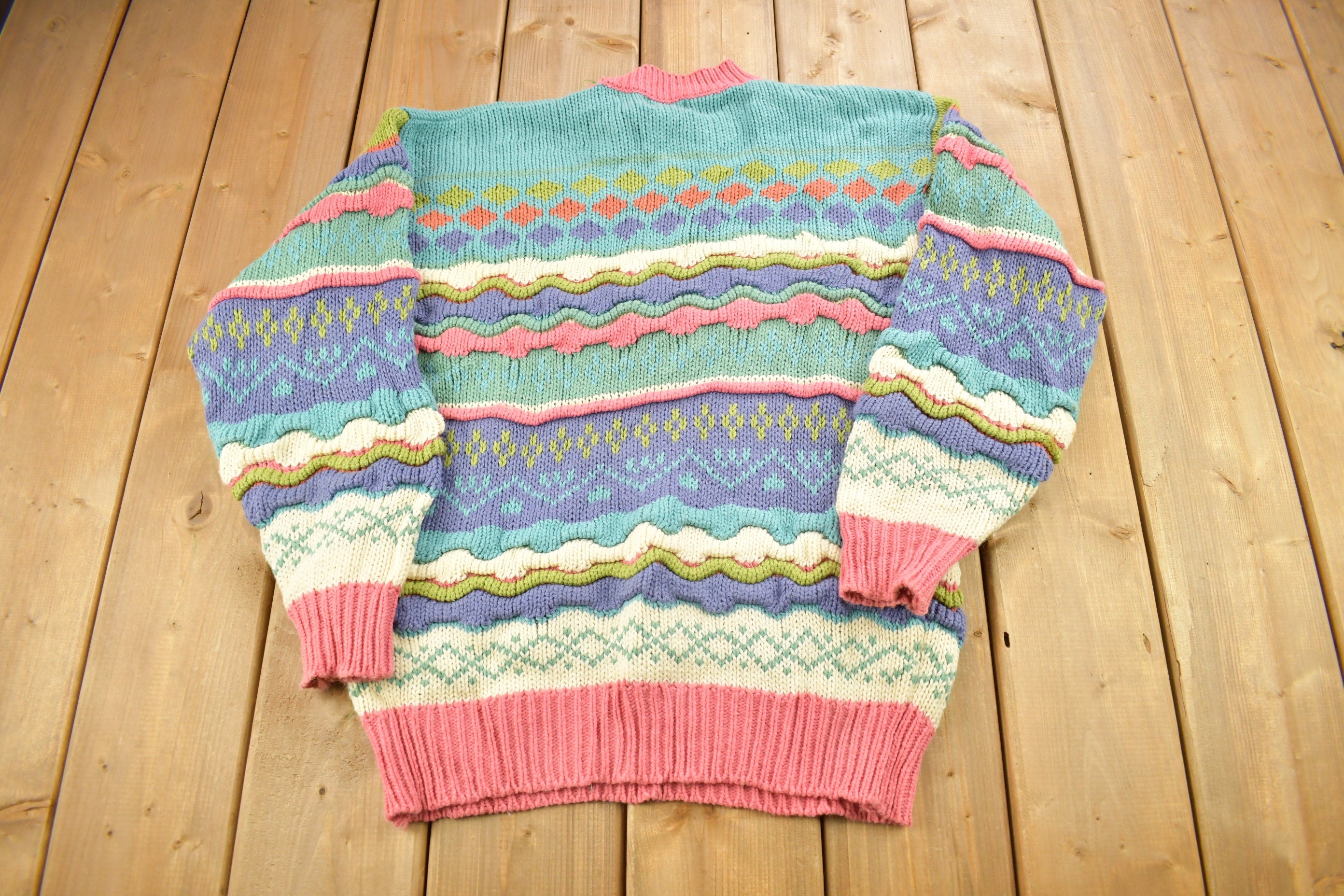 Vintage 1990s IVY Women's 3D Colored Cable Knit Crewneck Sweater  Vintage 90s Crewneck  Abstract Patterns  Pastel  Streetwear