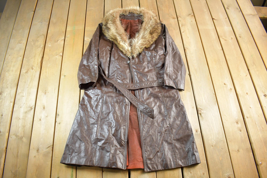 Vintage 1980s Leather Fur Collar Full Length Jacket Women's S