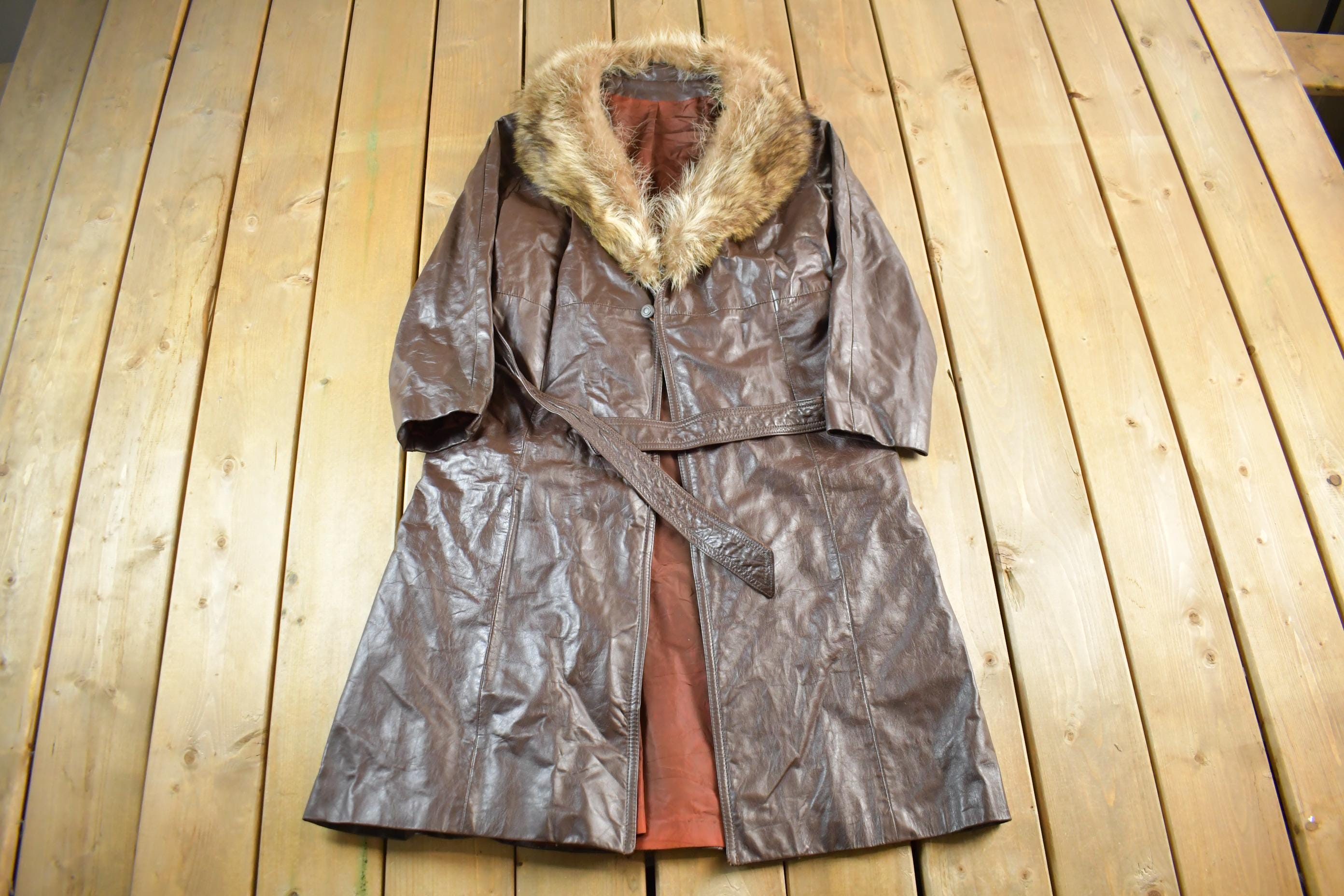 Vintage 1980s Leather Fur Collar Full Length Jacket Women's S