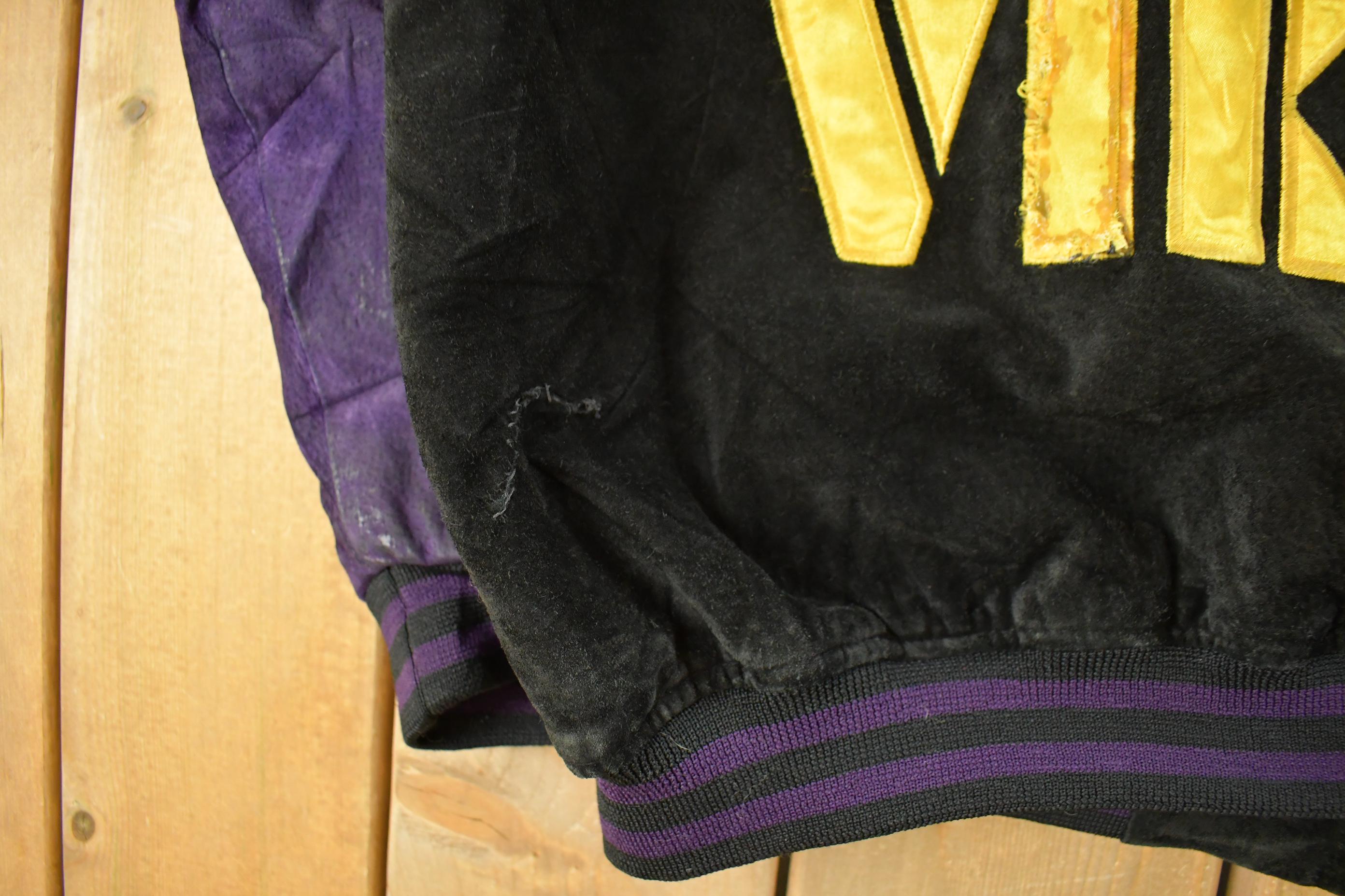 Vintage 1990's Minnesota Vikings Distressed Suede Leather Letterman Jacket Mens Large