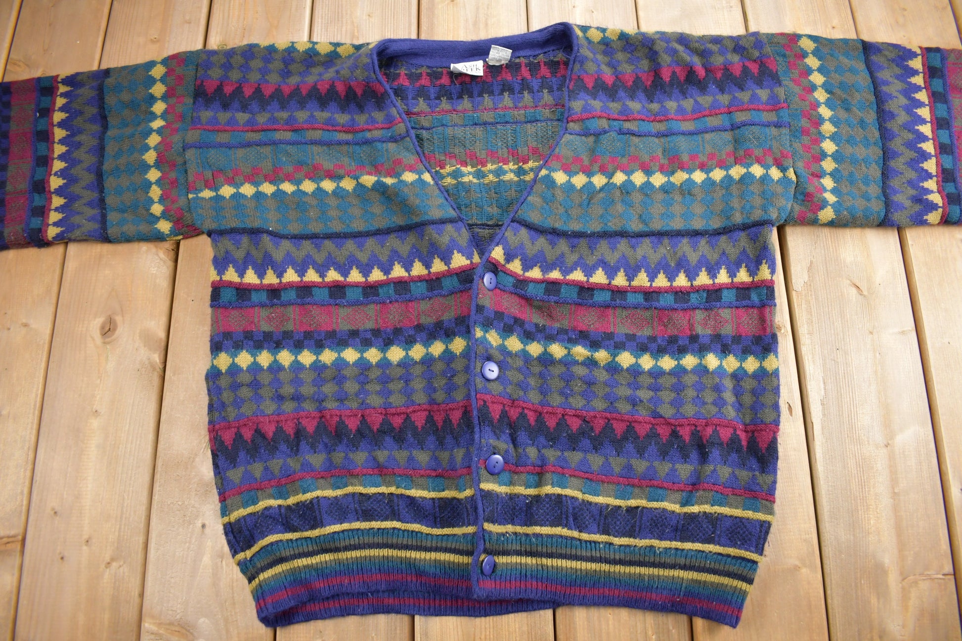 Vintage 1990s Ash Creek Coloured Knit Cardigan Sweater /