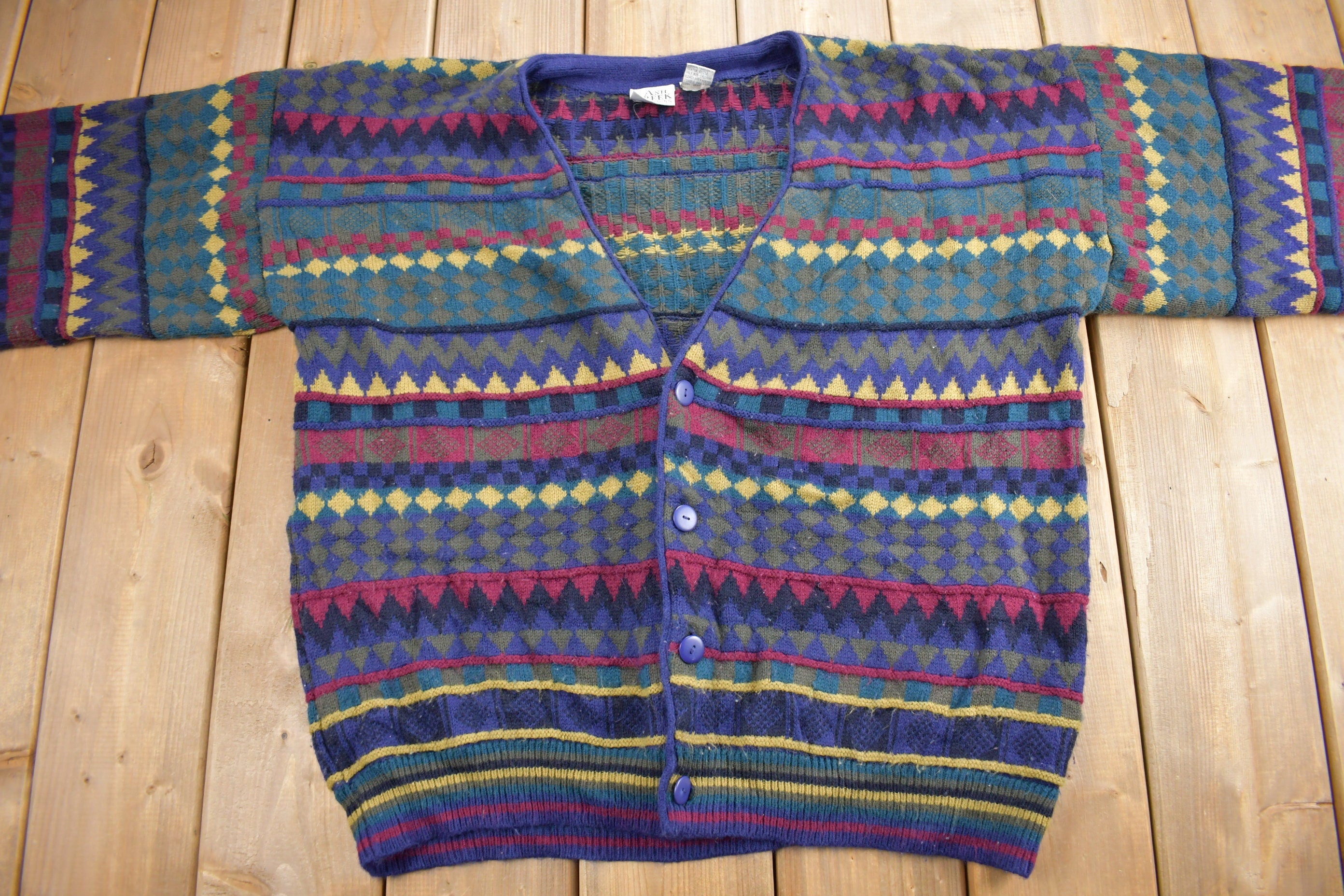 Vintage 1990s Ash Creek Coloured Knit Cardigan Sweater